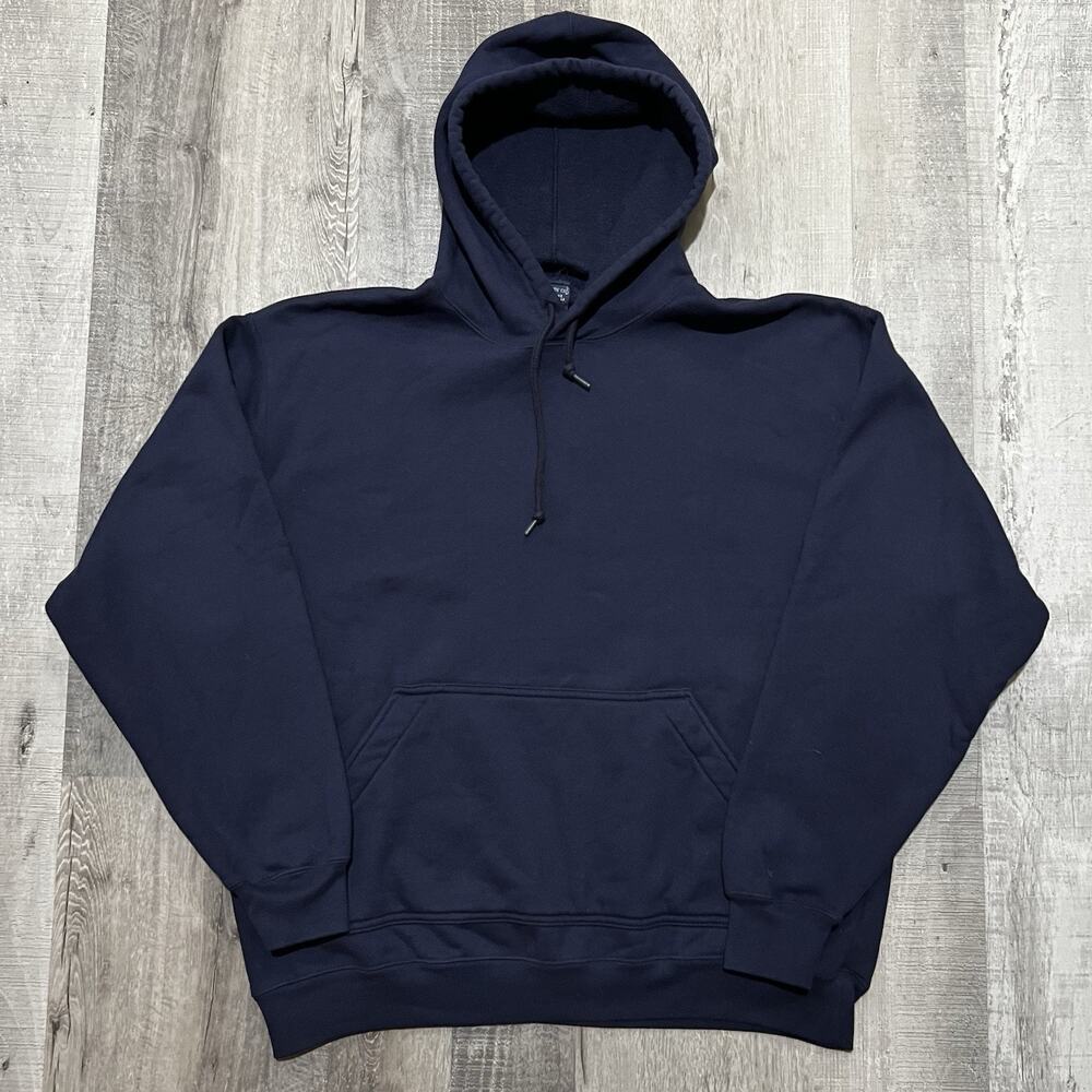 VTG Lands End Blank Blue 90s Heavy Cotton Pullover Drawstring Hoodie USA Large